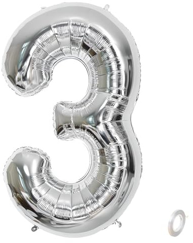 Balorise 40 Pollici Foil Palloncino Argento Numero 3, Gonfiabili Elio, Grande Numeri 0-9, 10-100 (101cm), Decorazione di Alluminio Palloncini per Festa di Compleanno Anniversario