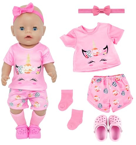 5 piezas de ropa para muñecas compatibles con muñecas de bebé recién nacido de 35 a 43 cm, ropa bonita para muñecas de 14 a 18 pulgadas con parte superior de manga corta, pantalones cortos, zapatos