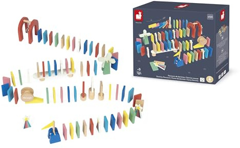 Janod - Juego de dominó - Creación de circuitos y recorridos de dominó - Pack Completo de 100 Piezas + Accesorios - A Partir de 3 años