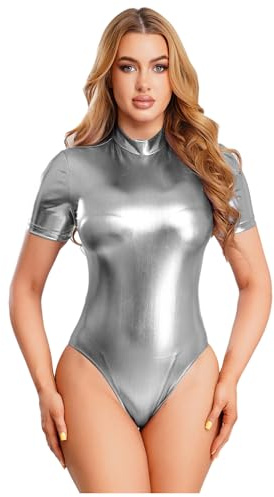 inhzoy Body da Ginnastica Danza Donna Manica Corta Balletto Body Danza Classica Leotard Wetlook Bodysuit Effetto Bagnato Lucido Costume Carnevale Halloween Clubwear Argento S