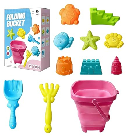 Moxiewell 11 Pezzi Giochi Spiaggia Bambini, Sabbia Giocattoli da Viaggio con Secchiello Pieghevole, Kit da Gioco da Spiaggia per Bambini, Giocattoli da Spiaggia per Bambini, Ragazzi e Ragazze (Rosa)