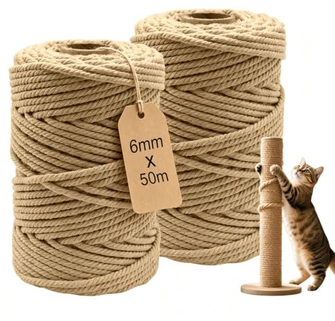 BTCLASSIC 2 stycken sisalrep för klösträd, 6 mm x 50 m sisalsnöre för kattvägg, liten katt skrapa, reservrep, hushåll, trädgård, hantverk