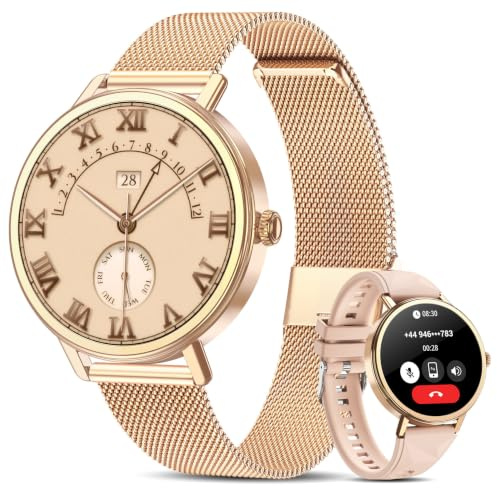 IOWODO Reloj Inteligente Mujer Elegante, 1.26 Smartwatch con Llamadas Bluetooth, 2 Correas Intercambiables, 24h Pulsómetro, SpO2, Sueño, 100+ Modos Deporte, IP68, Pulsera Actividad para Android iOS