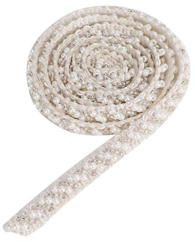 Nastro Decorativo Perlato Ricamato Stile Vintage 1cm x 1 Metro, Bianco Perla, Nastro Cucito per Applicazioni Abiti Sposa e Fai Da Te, Bordatura Perline 6mm Resistenti a Sfaldatura