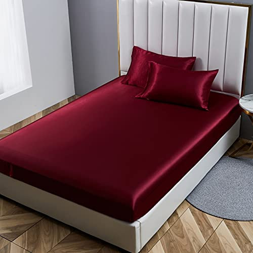 Damier Spannbettlaken Rot Weinrot Satin Seide Glänzend Bettlaken Hochwertiges Deluxe Unifarben Spannbetttuch, geeignet für Matratzen, 180 x 200 x 30 cm