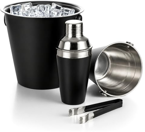 COM-FOUR® set cocktail mixer 4 pezzi - refrigeratore per bottiglie per occasioni speciali - contenitore per cubetti di ghiaccio con pinza - shaker (Set cocktail - 04 pezzi - nero)