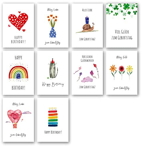 Meridian Design Geburtstagskarten, Happy Birthday Klappkarten im 10er Set mit Briefumschlag, Grusskarte zum Geburtstag, 10 Glückwunschkarten in Premium Qualität, kreative Geschenkkarten