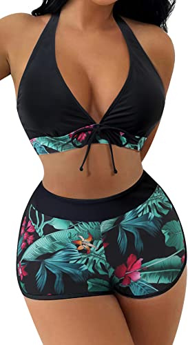 FEOYA Bikini Sets for Women Halter Swimsuit Two Pieces with Boy Shorts Bathing High Waist Swimwear Beachwear A17 S