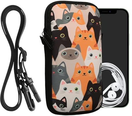 kwmobile Custodia in Neoprene con Zip per Smartphone - Portacellulare a Tracolla - Porta Cellulare da Collo Universale - Cover Borsa Telefono Gatti