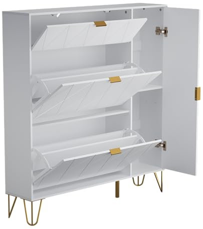 UEV Schuhschrank mit 2 Klappen und 2 Türen, 105x24x120cm, Schuhkommode, Schuhschrank weiß, Schuhkipper schmal, Schrank Flur Schuhkommode im Flur, platzsparend