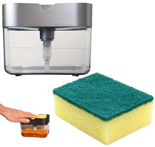 Soap Dispenser with Cleaning Sponge for Dish Washing Kitchen Bathroom Bathtube Toilet Window Mirror Glass Wall Floor Cleaning Sponge All Purpose Scrub Brush (Soap Dispenser and Sponge)