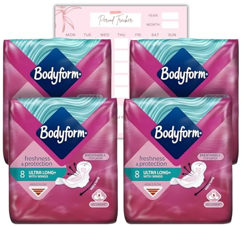 Body Form 8 Ultra Long Sanitary Towels with Wings Pack of 4, 32 (8 x 4 Packs) Heavy Flow Breathable Top Layer Period Pads, Cour-V Ultra Long with Caliko Period Tracker