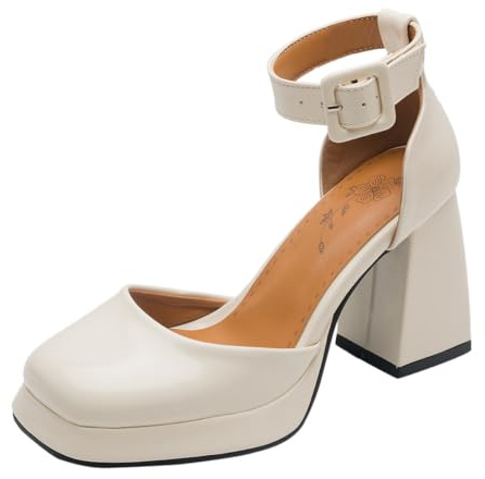 Décolleté Mary Jane per Le Donne Tacchi con Plateau e Cinturino alla Caviglia Punta Quadrata Tacco a Blocco Scarpe Primaverili per Feste, Matrimoni e Abbigliamento Quotidiano Beige 37 EU