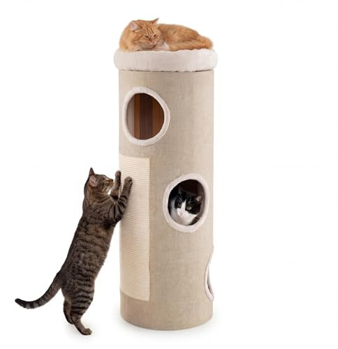 GYMAX Griffoir Dome 113cm avec Perchoir Souple, Tonneau à Griffer pour Chats, avec 3 Entrées, 2 Panneaux en Sisal à Gratter, Tissu Respirant, Matériau Intérieur Naturel