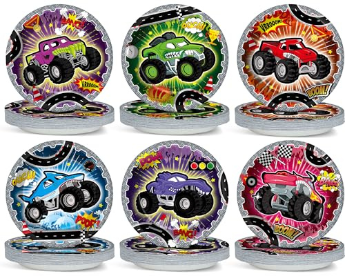 CHUNNIN 60PCS Monster Truck Party Paper Plates for Racing Car Party Decorations 7In Trucks Themed Dessert Plates Disposable Tableware Set for Boy Kids Racing Car Theme Birthday Supplies