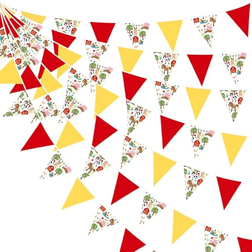 32Ft Red Yellow Farm Bunting Banner Barnyard Animals Themed Party Decorations Fabric Pennant Triangle Flag Garland for Kids Farm Birthday Wedding Baby Shower Barnyard Tractor Outdoor Garden Party
