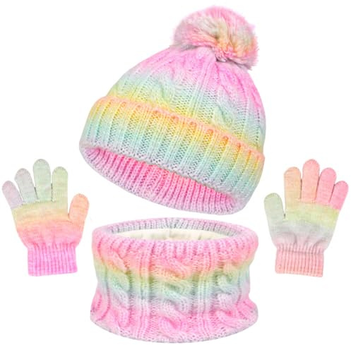 Mayoii Kids Hat Scarf Gloves Set – 3-in-1 Winter Knitted Hat Scarf and Gloves Set for Kids with Pom Pom Beanie, Neck Warmer & Mittens for Boys Girls Aged 3–10 (Gradient pink yellow)