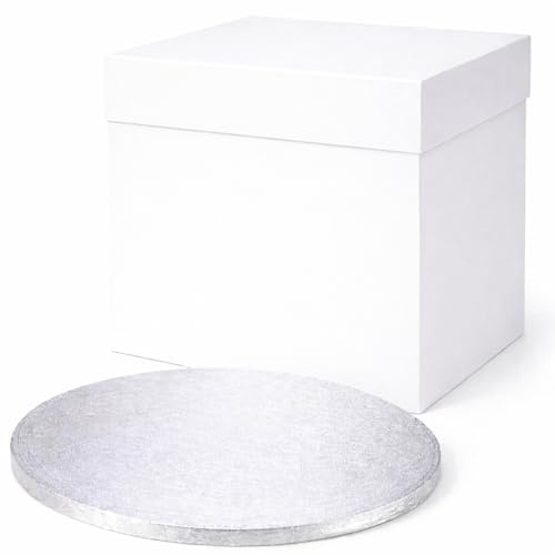 FALGUN Premium 14 Thick Round Silver Cake-Board & Tall White Cake-Box Combo, Premium 14 x 14 x 12 Inch Square Box and Matching Circle Set For Tiered or Transport - 14 Inch Tall