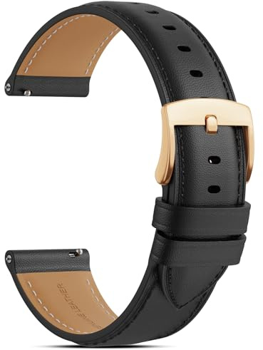 RUIMAYA Echtes Leder Uhrenarmband Armband 18mm Smartwatch Armband, Leder-Ersatzarmband Geeignet für Smartwatches und Armbanduhren (Schwarz/Roségoldene Schnalle)