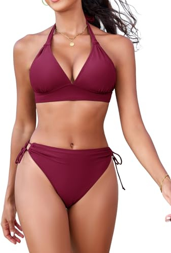 FemiChic Maillot de Bain Femme 2 Pieces String Bikini Push Up Rembourrépour Amovibles Design Rétro & Sexy Bretelles Réglables Tissu Élastique en Nylo (Fuchsia,XXL)
