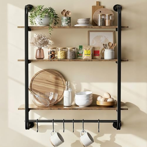 Kssiaz 3 Tier Industrial Pipe Floating Shelf, 24 Kitchen Wall Shelves with Towel Bar & 6 Hooks, Coffee Bar Shelves Display Bookshelf Wall Shelf for Kitchen, Bathroom, Home Décor, Rustic Brown