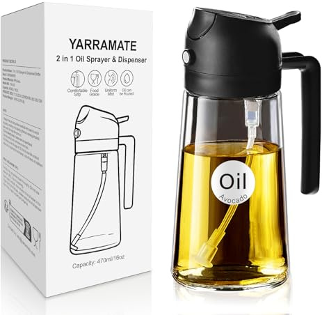 YARRAMATE Spruzzatore di olio da cucina, bottiglia di olio d'oliva 2 in 1 per cucina, bottiglia di olio di vetro da 17 oz/470 ml per friggitrice ad aria, barbecue (Nero Ossidiana)