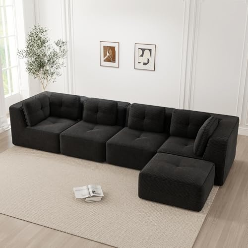 Luscriate sofá de 4 plazas Cloud con chaise longue – sofá de esquina en forma de L grande sin montaje, asiento extraprofundo, reposabrazos anchos, estilo lounge negro 4 plazas+1 (negro, sofá de