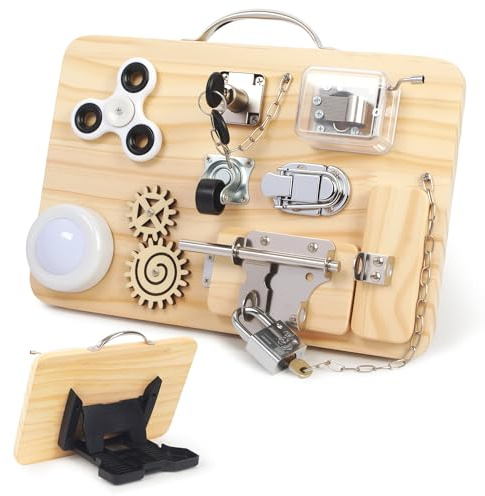 Busy Board Tablero Montessori 1 Año de Madera - Panel Sensorial Montessori y Juguetes Educativos - Mesa Sensorial Montessori de Viaje para Niños - Regalo Cumpleaños y Motricidad Fina Infantil