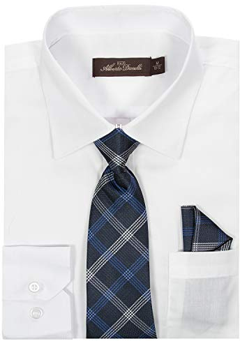 Alberto Danelli Boys Dress Shirt with Matching Tie and Handkerchief, Long Sleeve Button Down, Pocket, White D, 4