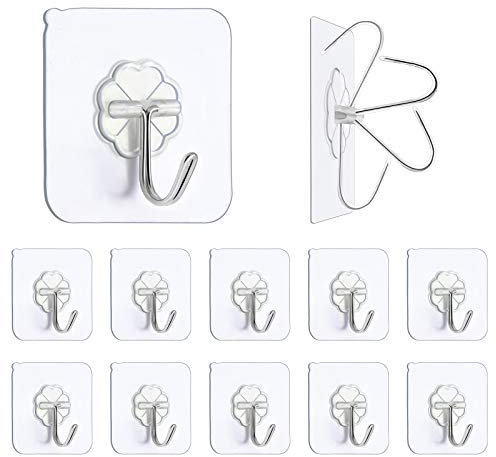 Premium Adhesive Hooks Kitchen Wall Hooks,Heavy Duty 13lb(Max) Wall Hooks, Transparent Reusable Seamless Hooks with Stainless Hooks Reusable Utility Towel Bath Ceiling Office Window Hooks,10 Pack