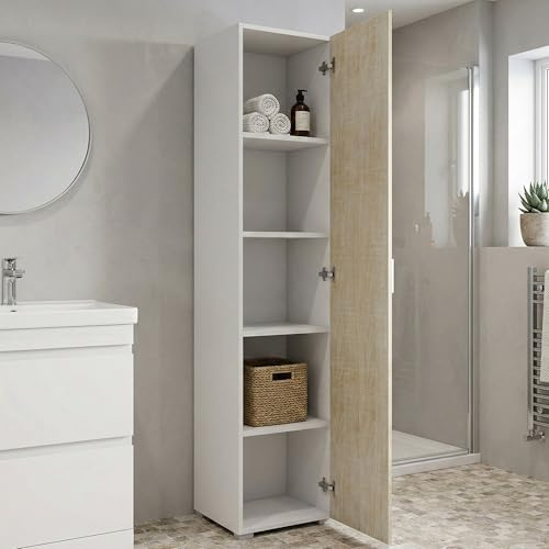 Dmora - Armoire polyvalente Aquilegia, meuble linéaire avec 1 porte battante et 4 étagères réglables, meuble colonne pour salle de bain, 100% Made in Italy, 45x45h195 cm, Chêne et Blanc
