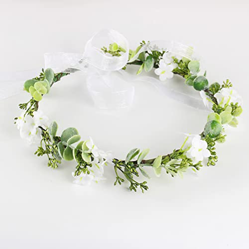 VZXQX Blumenkranz Haare, Künstliche Blumenkranz Haare Hochzeit Braut Boho Haarkranz Blumen Weiß, Haarband Blumen Haarreif Damen Mädchen Greenery Kopfschmuck für Hochzeit Party Festival