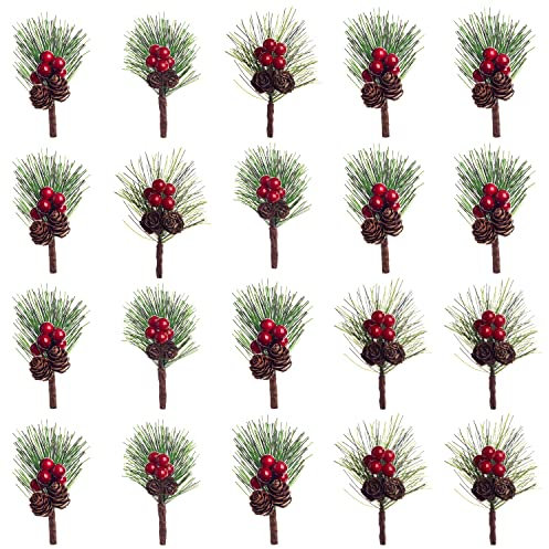 testyu 20 Pezzi Piccoli di Pino Artificiali, Pigne Naturali e Forma di Ramo di Bacche Rosse con Berry Pinecones Aghi di Pino per Realizzare Ghirlande Natalizie, Decorazioni Floreali