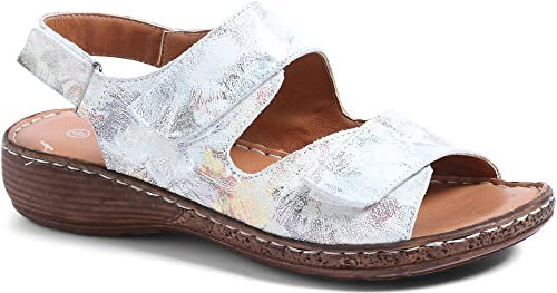 Pavers Ladies Dual Fitting Leather Sandals - White Floral Size 5 UK