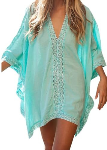 YouKD - Vestido de encaje floral holgado para mujer, estilo caftán bohemio, kimono amplio para la playa, cubre bikini, H Verde, talla única