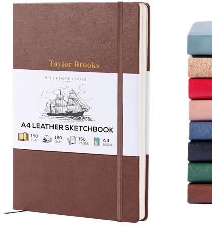 Beechmore Böcker Personlig skissbok - A4 brun konst skissbok, veganskt läder inbunden | rita, skiss, färg, klippbok | tjockt papper 160 gsm skissblock present till män och kvinnor