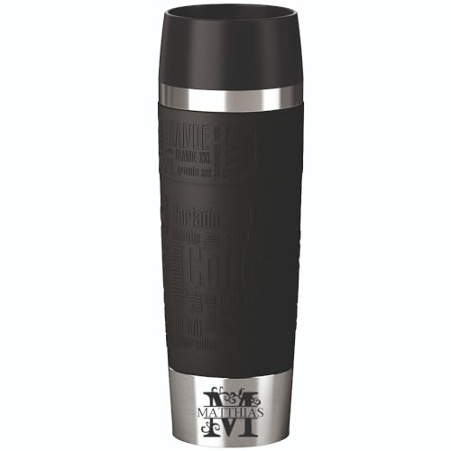 Emsa Isolierbecher 500ml mit Gravur Monogramm/Buchstabe (+ Name) Travel Mug Grande XXL Manschette schwarz personalisierter Kaffeebecher Teebecher, Motiv MO1
