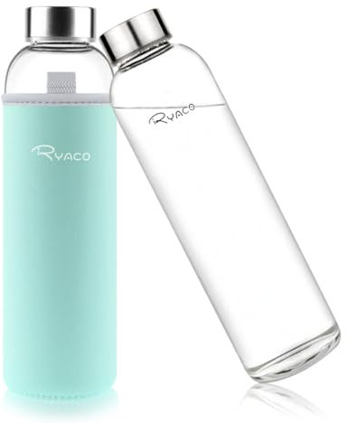 RYACO Glass Water Bottle 1000ml/1L,Borosilicate Glass Bottle with Neoprene Protective Case for Hot Cold Drinks,BPA-Free Leak Proof,Sport Water Bottles with Sponge Brush,Dishwasher Safe