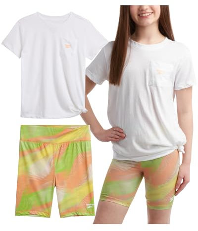 Reebok Active-Shorts-Set für Mädchen, 2-teilig, Dry-Fit-Performance-T-Shirt und Fahrrad-Shorts, Sommer-Shorts-Set, 7–12, Weiß/Pfirsich, 8