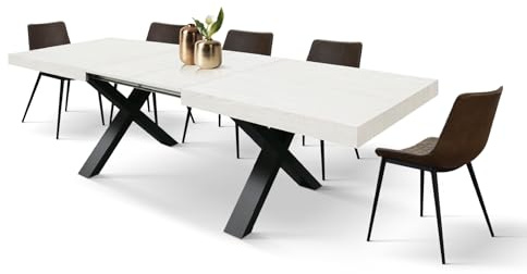 PAZZO DESIGN Table extensible Linda, table de salon, cuisine, pieds croisés x noirs, fabriquée en Italie, blanc frassiné, 180 x 90 x 76 cm - id_1982