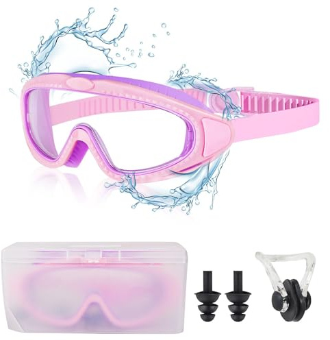 Mezere Schwimmbrille Kinder 3-6 Jahre Taucherbrille Herren Damen Schwimmbrillen Anti-Beschlag UV-Schutz Nasenklammer Schwimmen Swimming Goggles für Jungen & Mädchen （Purple+Pink）