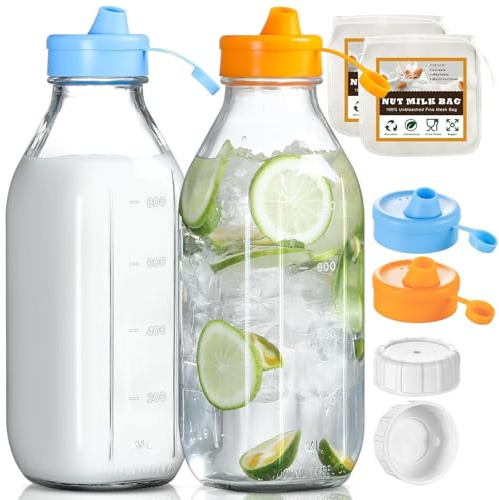 2 Pack 32 OZ Glass Milk Bottles with 2 Pour Spout Lids & 2 Nut Milk Bags & 2 Airtight Caps, Reusable Glass Bottles, Breast Milk Pitcher, Syrup, Honey, Water Jug, Juice Container for Refrigerator