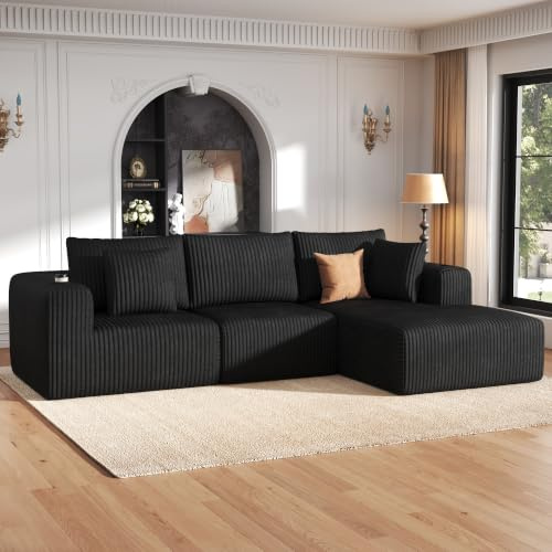 DURASPACE 275cm L-Shaped Boneless Modular Sectional Sofa, 3-4 Seater Corduroy Cloud Couch with Memory Foam& Cup Holder for Living Room & Bedroom, No Assembly