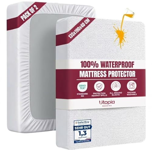Waterproof Mattress Protector, Double 135x190cm, Fits 40cm Deep (Pack of 2) | Terry Top Waterproof Mattress Protector with Elastic Skirt, Oeko-Tex Certified, by Utopia Bedding