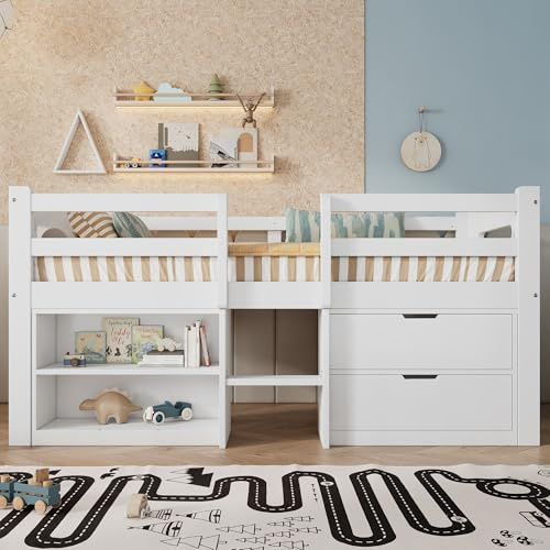3ft Single Wooden Cabin Bed Frame with 2 Drawers & 2 Storage Compartments, Solid Pine Wood Storage Bed with Sturdy Safety Guardrail & Stairs, Children's Mid-Sleeper Loft Bed for Kids Teenagers, White