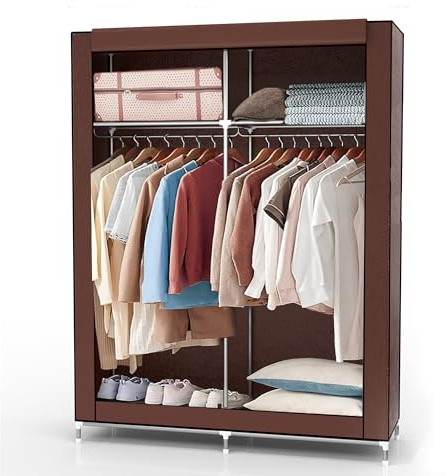 INTIRILIFE Armadio Guardaroba Pieghevole 108x45x170 cm in Marrone Castoro – Cabina Tessuto con Cerniera Zip, Anta Richiudibile e Appendiabiti – Custodia de Campeggio Camera da Letto
