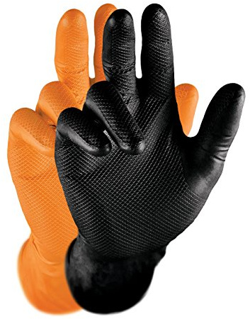 Gants grippaz en nitrile (Lot de 50) | S à XXL | garanti sans latex gants de travail extrêmement robuste et antidérapant | Idéal pour garages, mécanique & Industrie | en caoutchouc avec pellicules Relief | Gants jetables + hygiénique brevetée + 100 Gants., orange