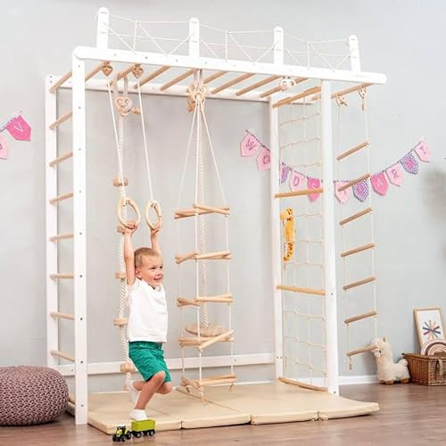 WoodandHearts Échelle suédoise - Échafaudage d'intérieur - Mur d'escalade pour enfants - Équipement de gymnastique avec accessoires de corde en blanc + couleur bois naturel
