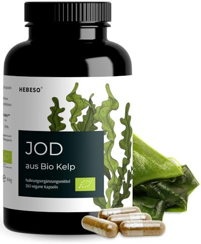HEBESO® JOD aus Bio-Kelp – 365 vegane Kapseln - mit 195 µg natürlichem Jod je Kapsel – Hochdosiertes Extrakt aus Braunalgen - Angereichert mit Bio-Akazienfasern für die Darmgesundheit