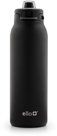 Ello Pop & Fill 32oz Stainless Steel Water Bottle with Quick Fill Technology, Double Walled and Vacuum Insulated Metal, Leak Proof Locking Lid, Sip and Chug, Reusable, BPA Free, Black